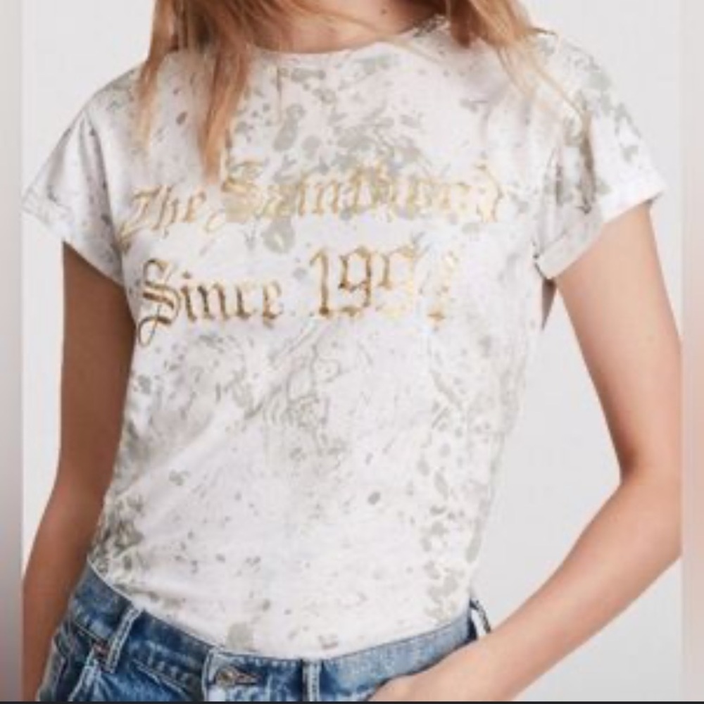 All Saints Portland Anna gray spattered gold metallic print white tee Sz 6 EUC